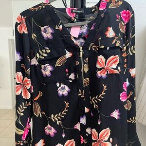 Express Pink and Orange Buttoned Blouse with Mandarin Collar